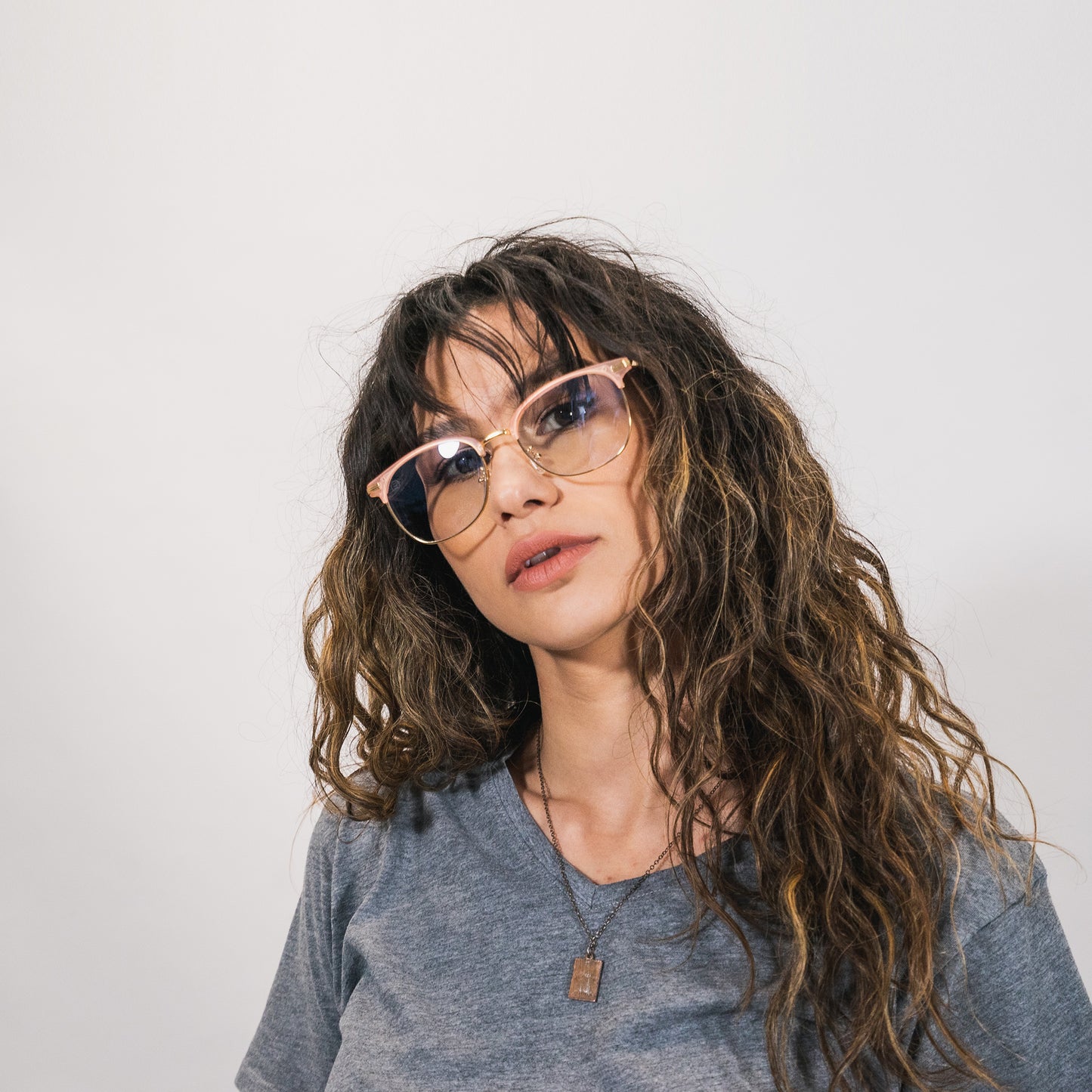 blue light glasses-gold and peach pink frame-genetlman shape