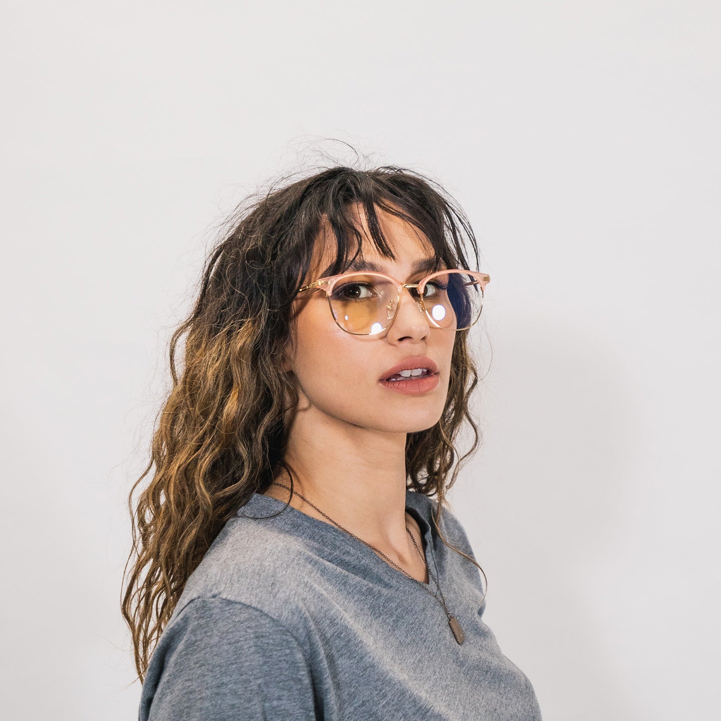 blue light glasses-gold and peach pink frame-genetlman shape